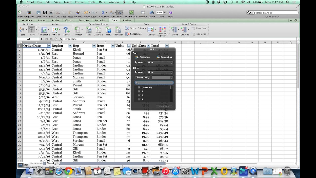 filter on excel for mac